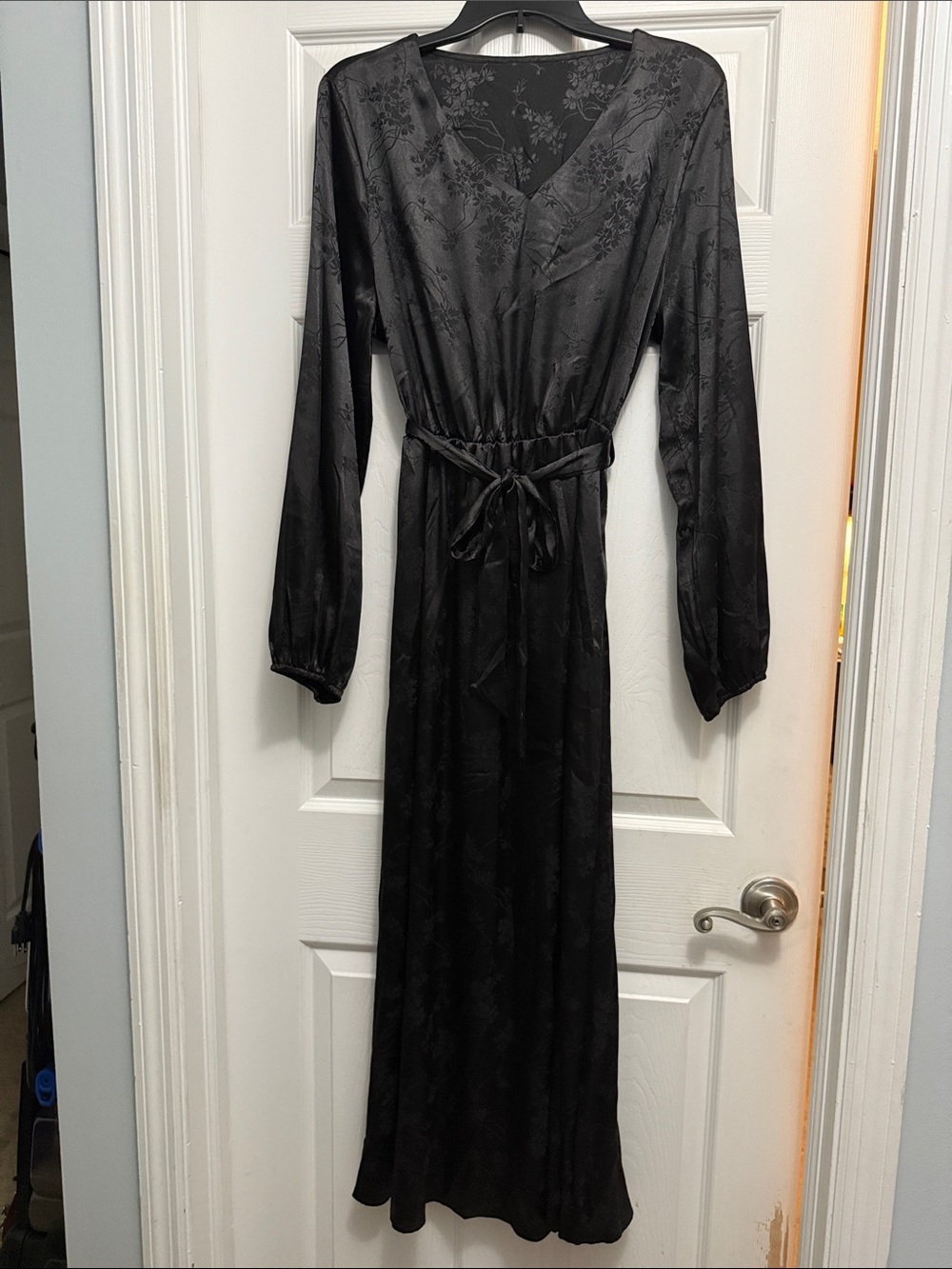 Long Black Satin Wrap Dress with Tie Waist XL